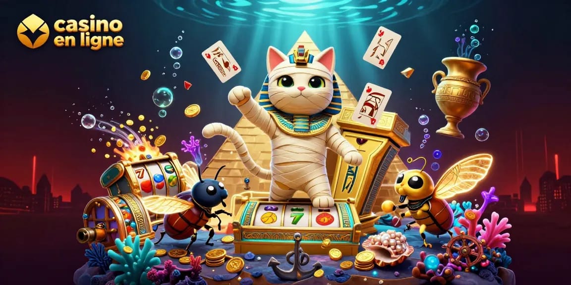 Découvrez le casino en ligne avec un chat momie égyptien sortant d'un sarcophage dans un casino pyramidal.