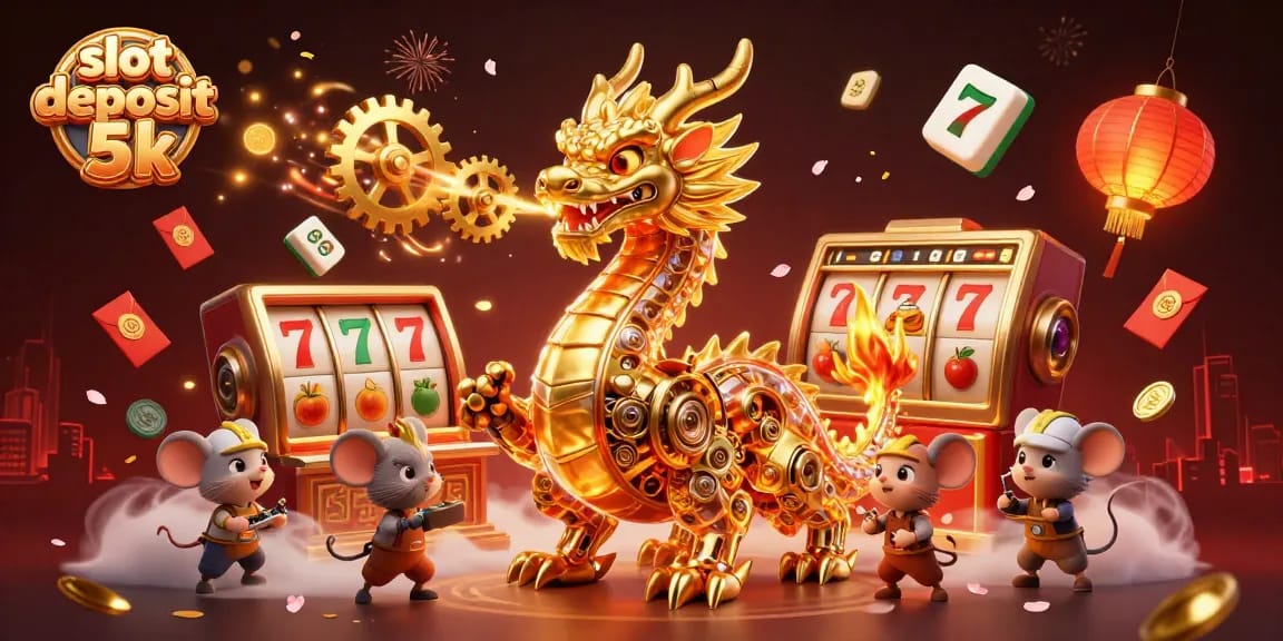 Engage in thrilling slots with a vibrant scene showcasing slot deposit 5k and a biomechanical dragon.