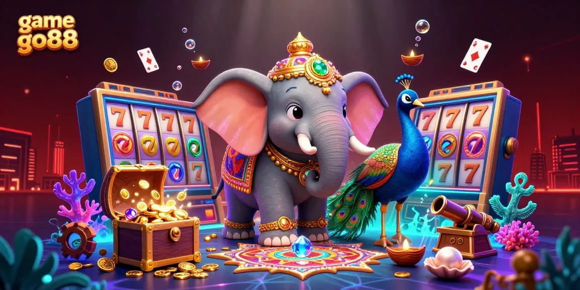 Engage with game go88’s vibrant casino experience featuring a Diwali-themed elephant and peacock amidst dazzling slots.