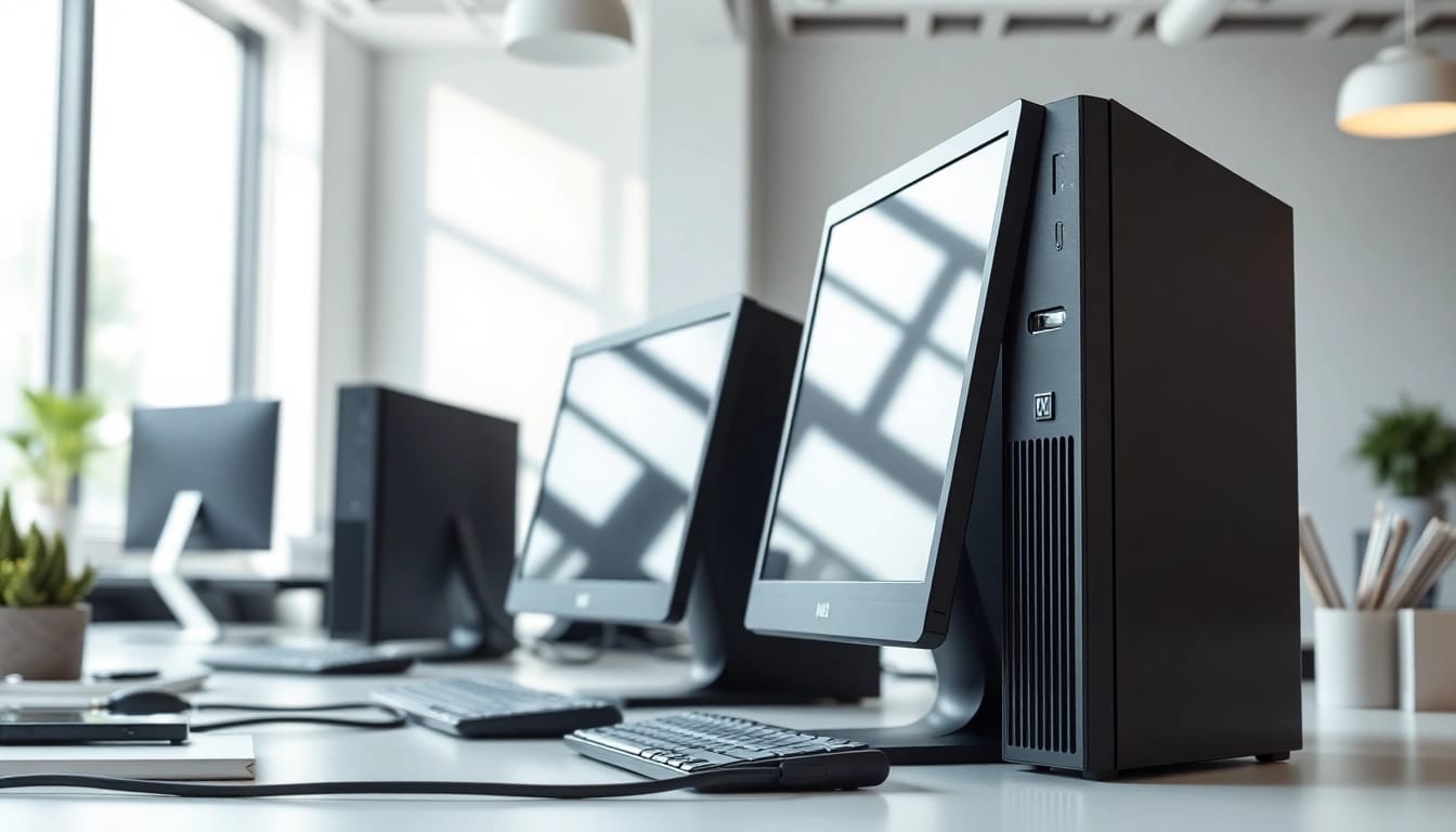 PC ανακαινισμένο με μοντέρνο σχεδιασμό και αρμονικό γραφείο.