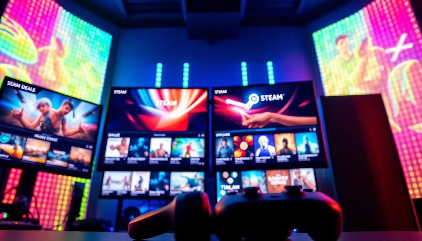 Experience the best Steam deals with vibrant gaming setup showcasing multiple discounts.