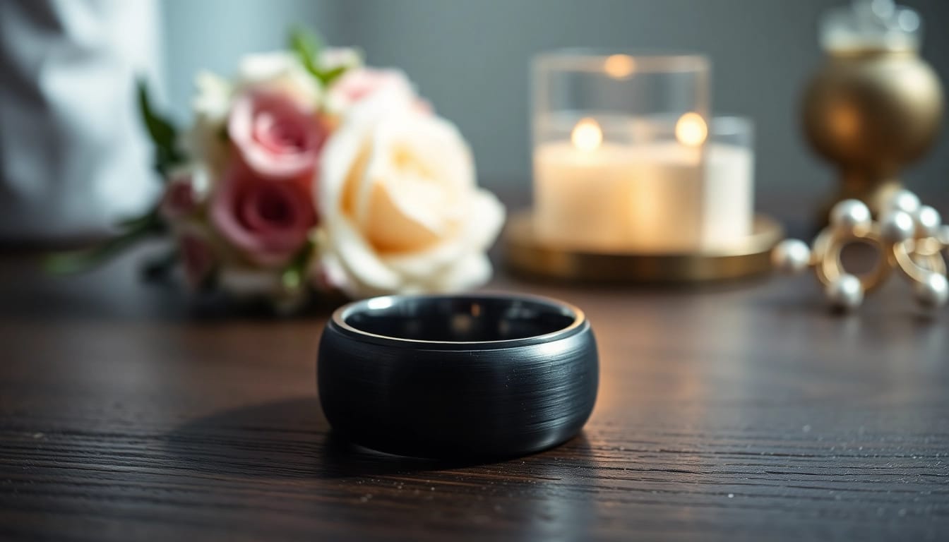 Admire the exquisite details of Black Zirconium Rings displayed elegantly on a wooden surface.
