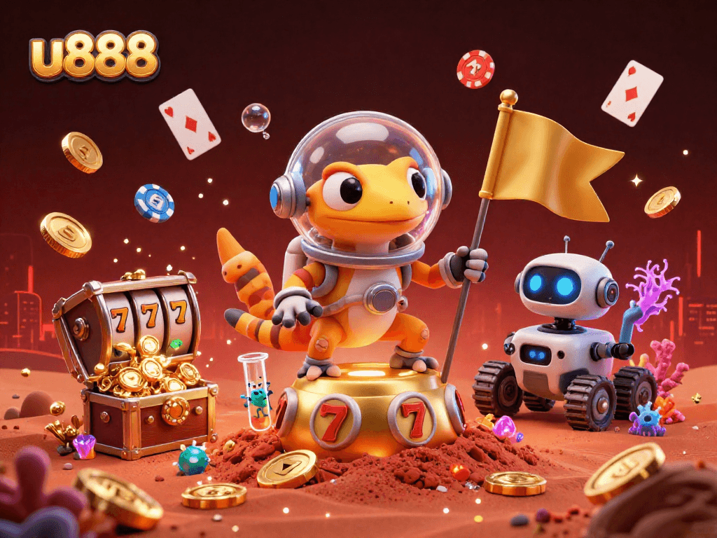 Experience u888's thrilling casino adventure with a Martian gecko, showcasing slot reels and vibrant treasures.