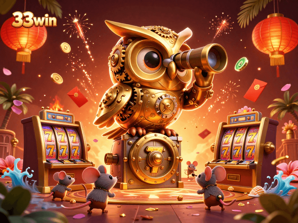 Play lucky slots at 33win with a clockwork owl and vibrant casino elements.