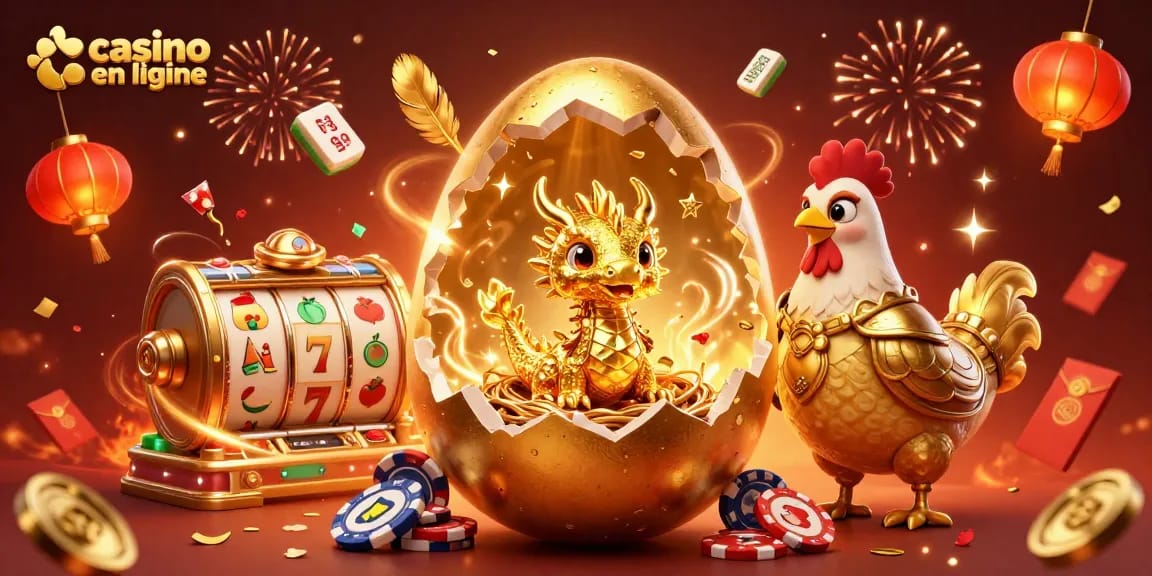 Plongez-vous dans l'univers du casino en ligne avec ce dragon doré unique sur un nid de jetons.