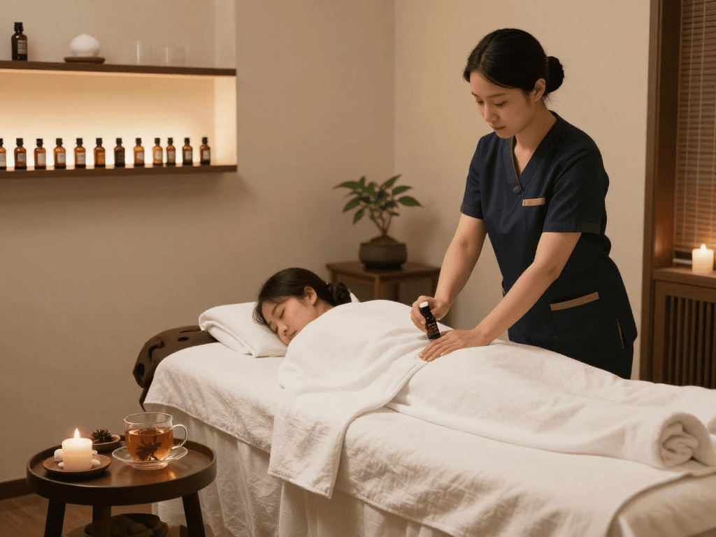 Massage therapy session at Balanced Massage showcasing serene environment and professional therapist preparing essential oils. mantra88 promotes relaxation and wellness.