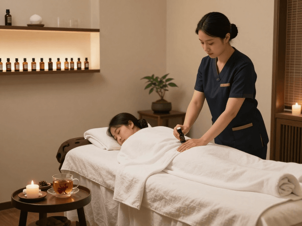 Massage therapy session at Balanced Massage showcasing serene environment and professional therapist preparing essential oils. mantra88 promotes relaxation and wellness.