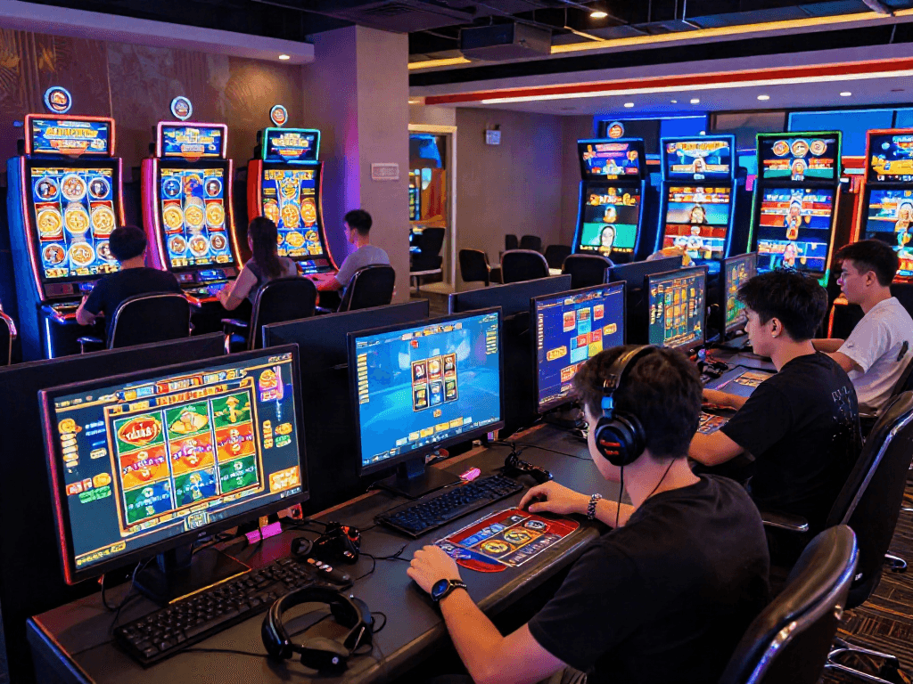 Engaged players exploring situs toto games in a lively online casino environment