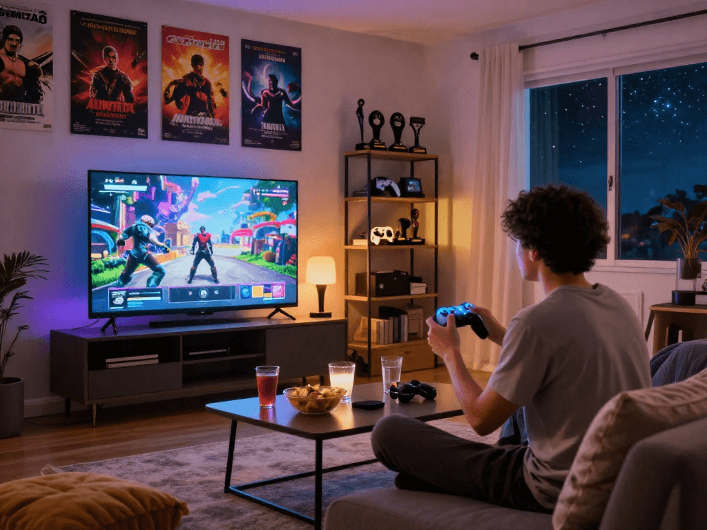 A person enjoying an engaging porn game in a cozy gaming setup with ambient lighting.