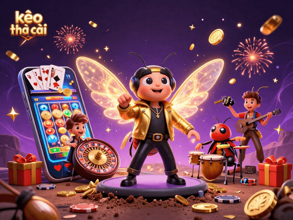 Engage with kèo nhà cái as a cartoon cicada rock star leads a vibrant casino scene with slot games.