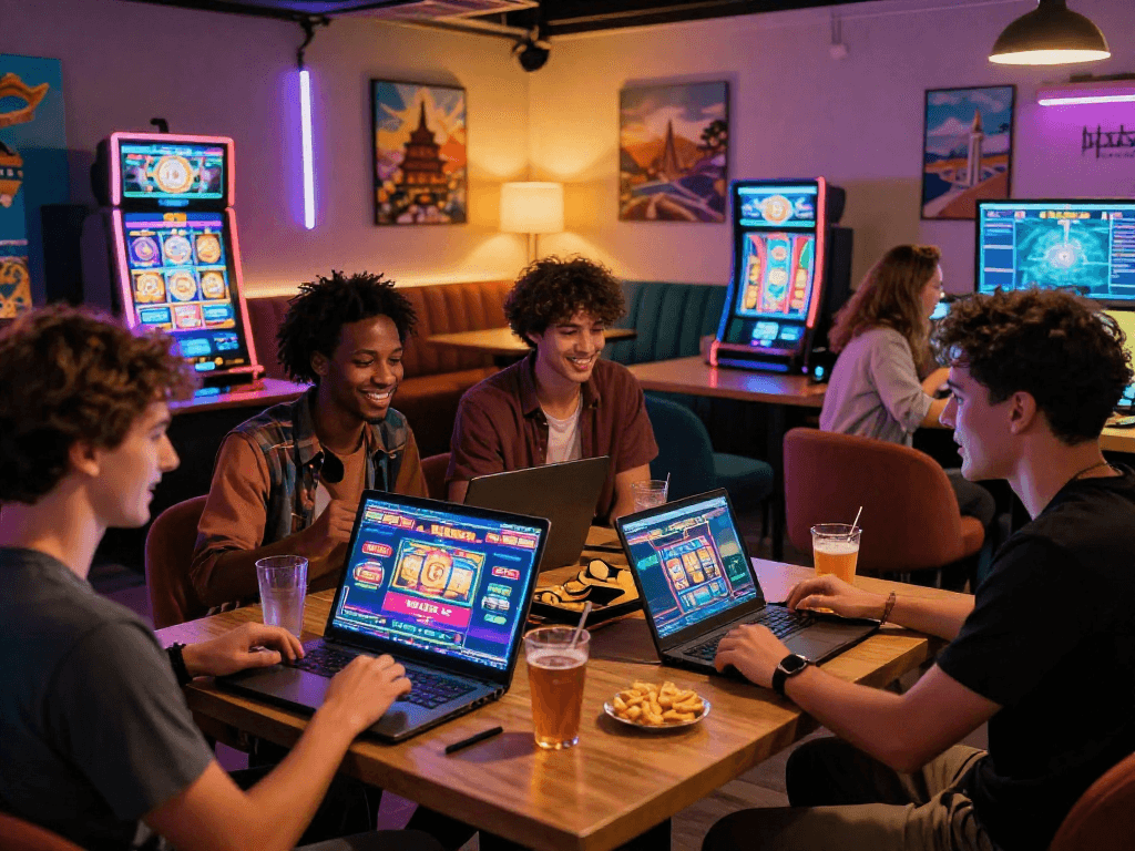 Engaging moment in a crypto casino with friends gaming online, showcasing vibrant digital interfaces and a lively lounge atmosphere.