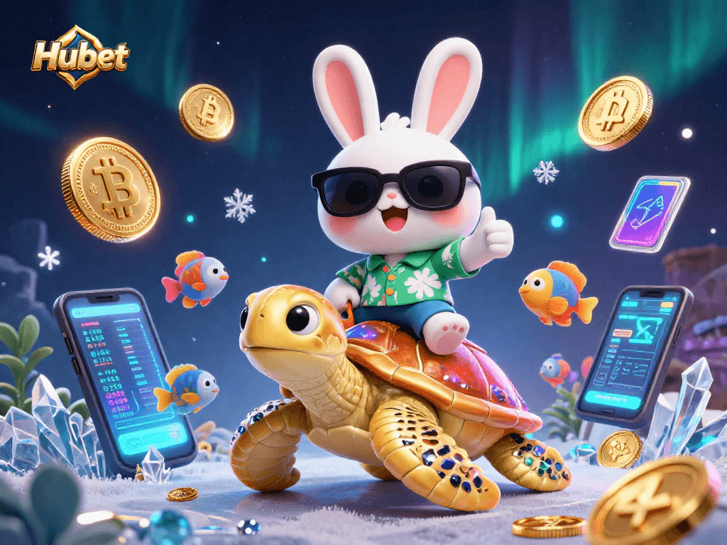 Win big at Hubet with an exciting 3D illustration featuring a lucky rabbit and golden turtle.