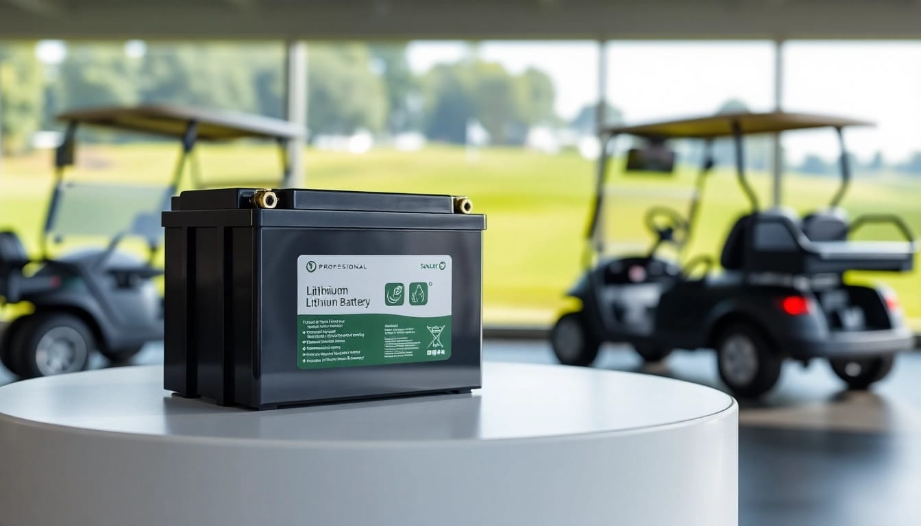 Showcase of lithium golf cart batteries highlighting features on a modern display table.