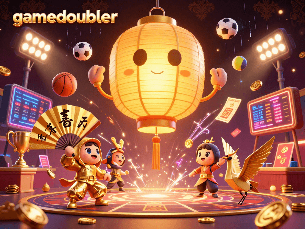 Experience gamedoubler's vibrant night market casino with dynamic sports elements and golden characters.