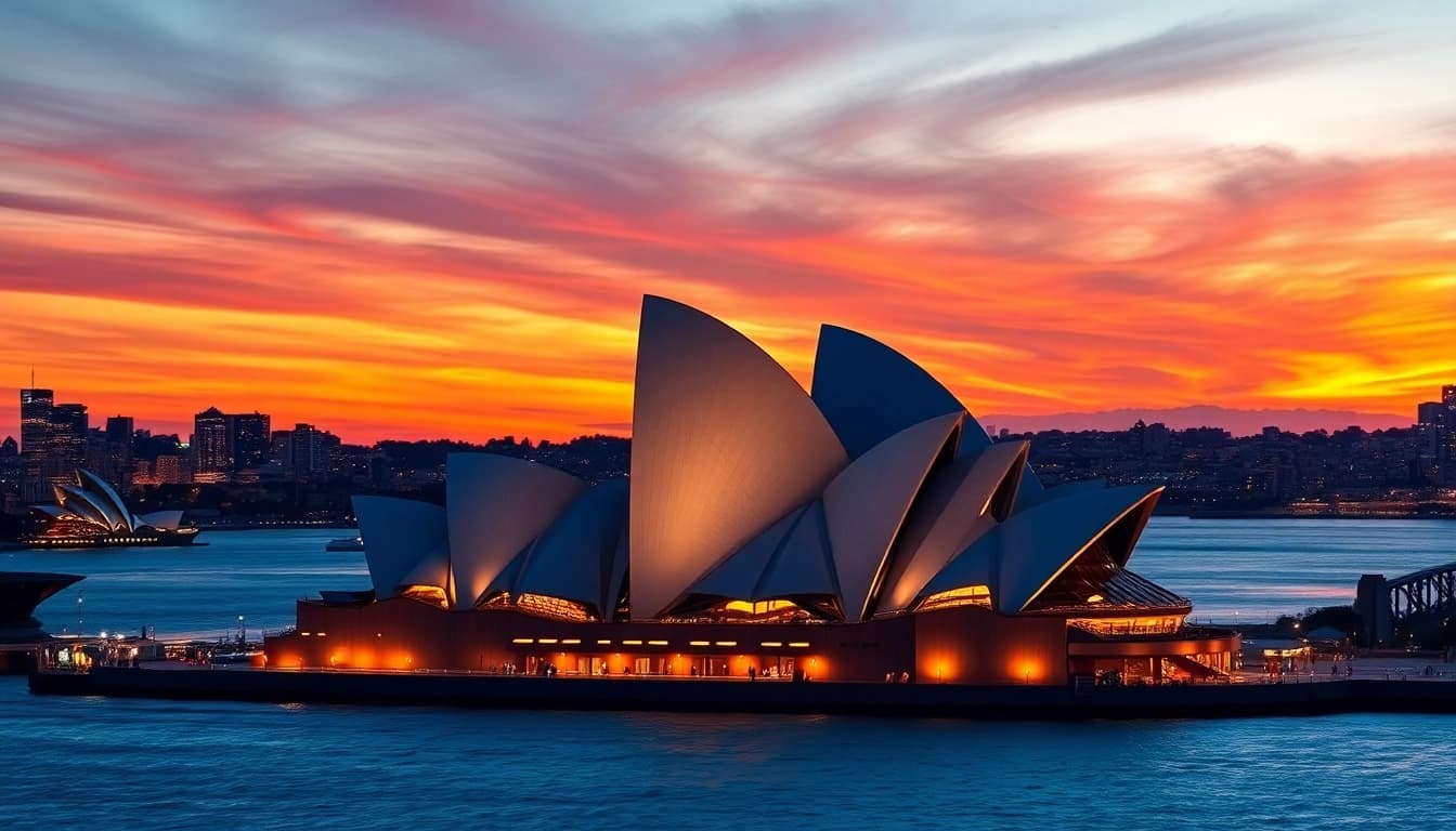 Experience the vibrant sunset over Australia with the Sydney Opera House glowing against the city skyline.