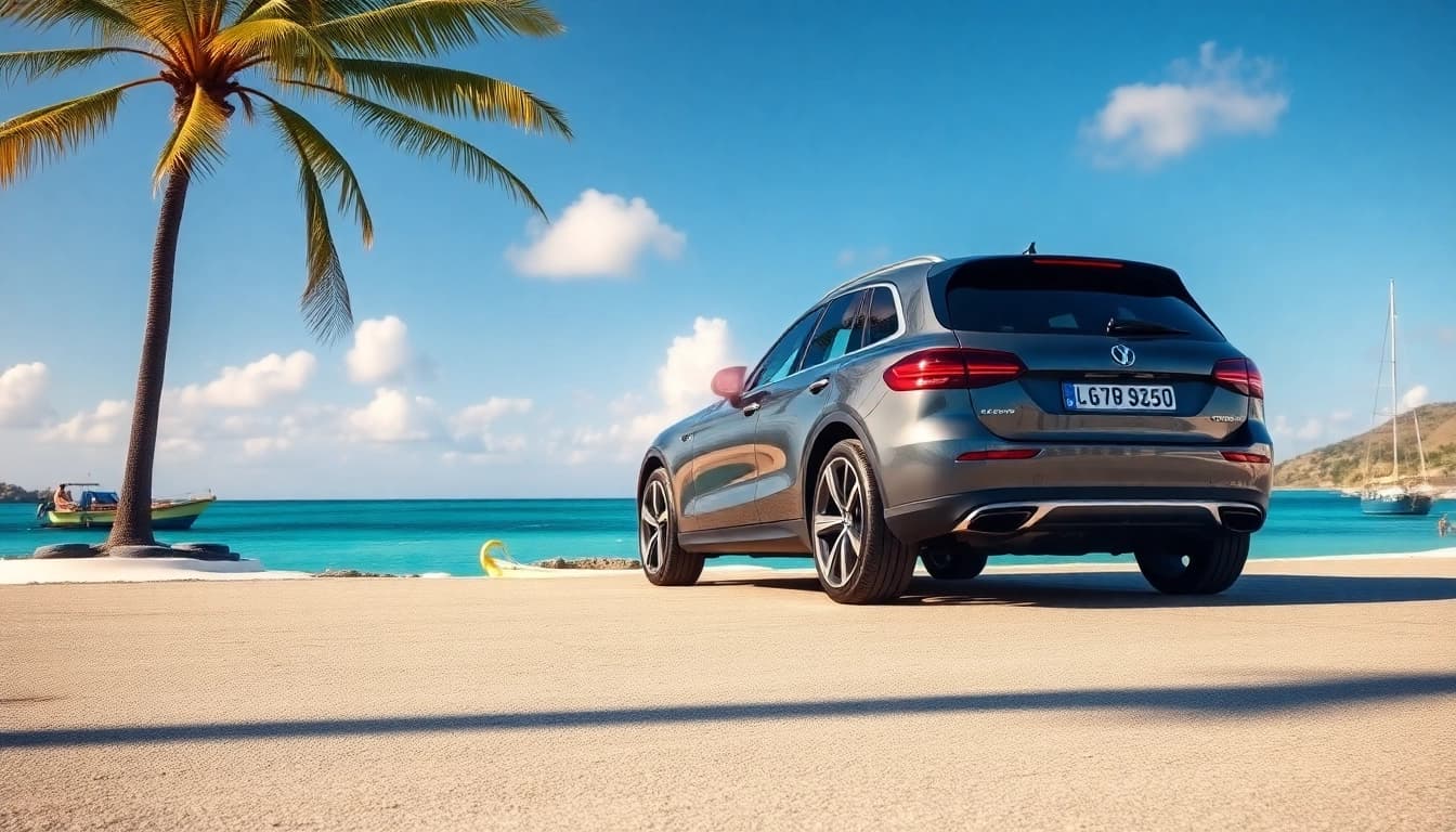 Experience car hire st barth with a stunning beach scene, highlighting a sleek vehicle against the tropical landscape.