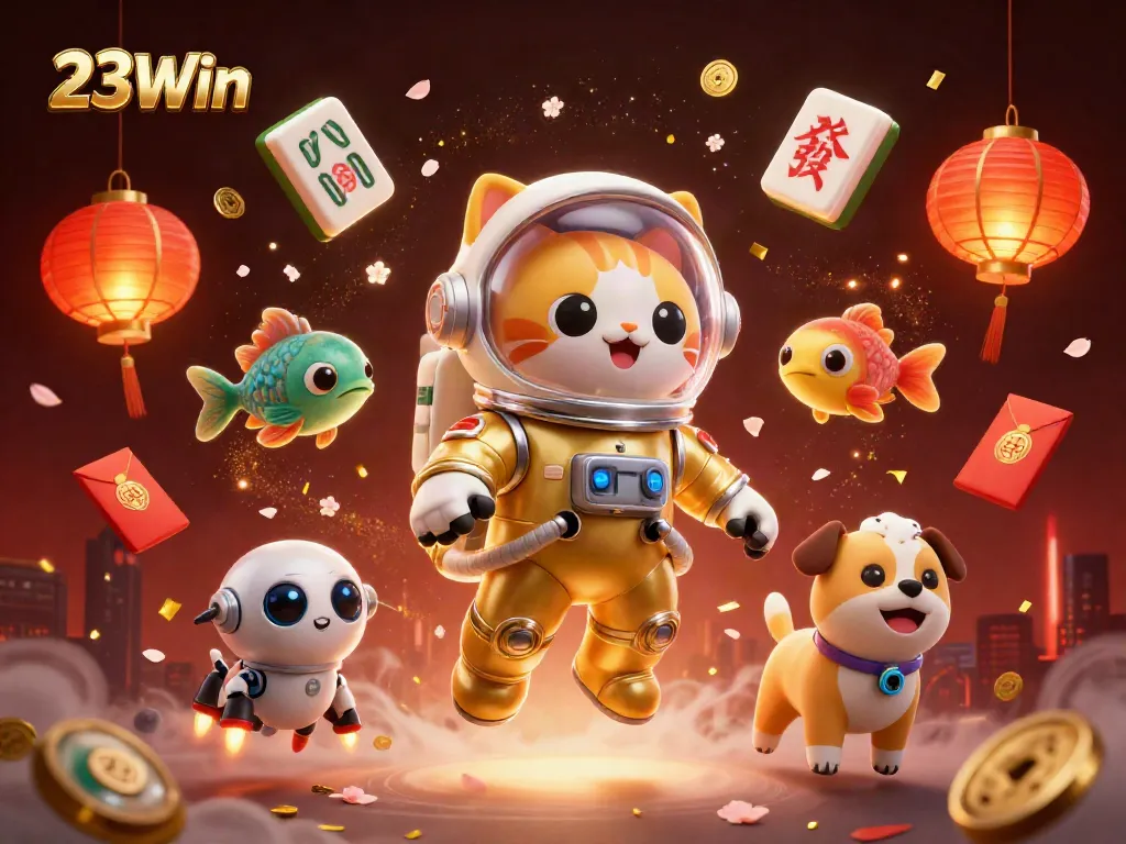 Engage with 23Win's vibrant casino adventure featuring dynamic floating characters and exciting game elements.