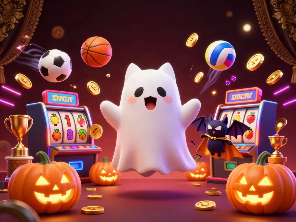 A scene with a ghost cat and bat in a haunted casino featuring agen slot gacor, amidst colorful slot reels and glowing pumpkins.