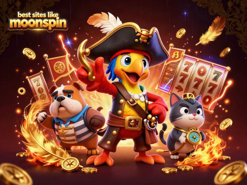 A dynamic 3D scene showcasing the best sites like MoonSpin with characters and casino elements engaging in play.