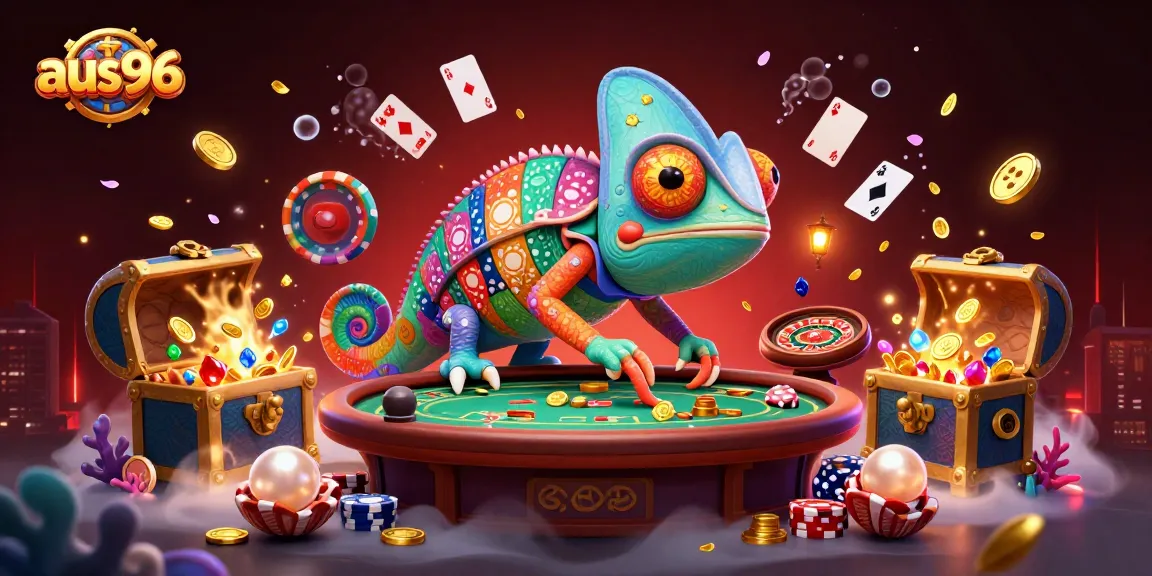 Experience thrilling games at aus96 with a colorful chameleon casino owner in a dynamic scene.