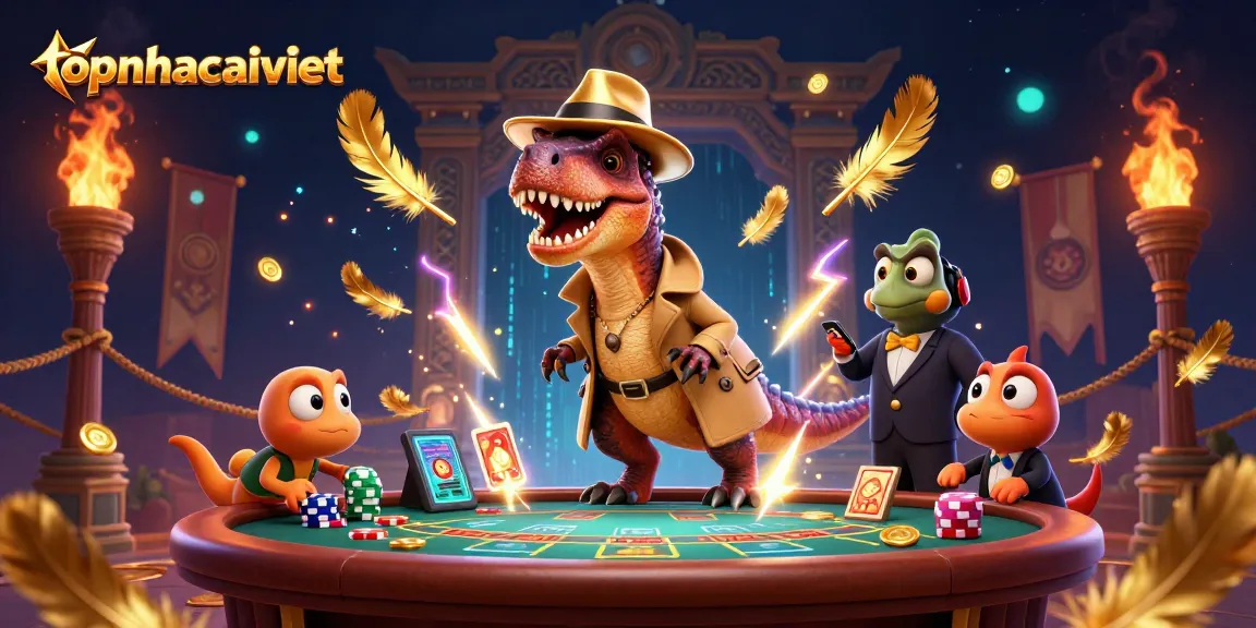 topnhacaiviet’s dynamic casino scene featuring a velociraptor card counter, adding excitement to gambling.