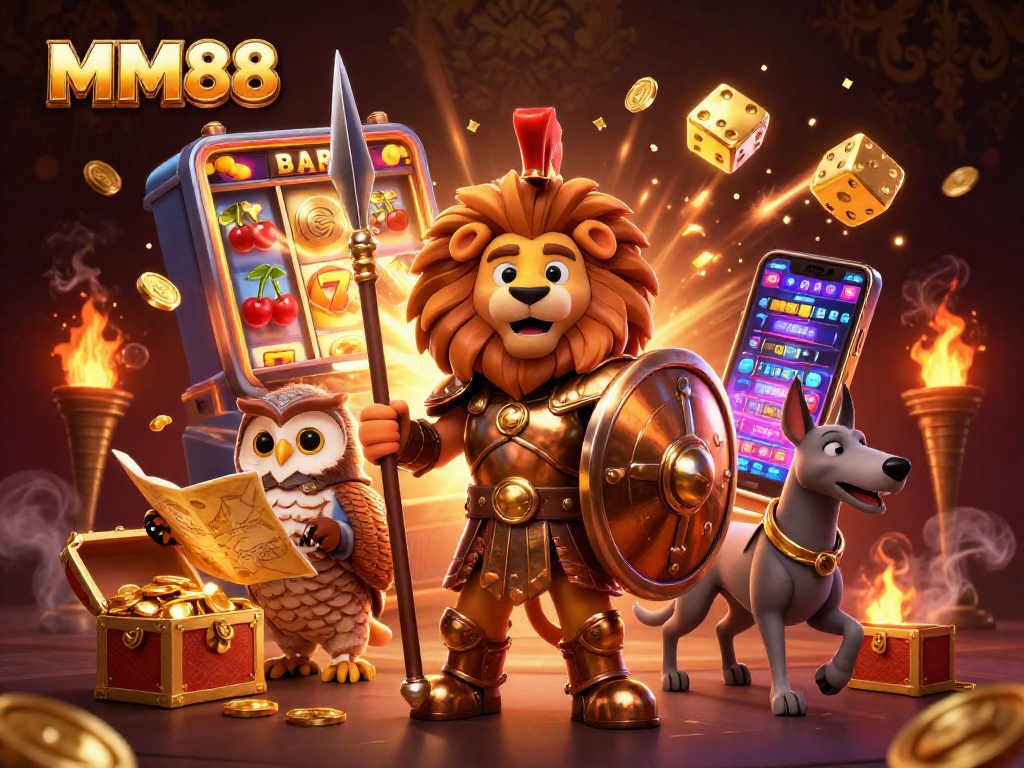 Play slots at MM88 with a vibrant 3D casino illustration showcasing lucky symbols and dynamic characters