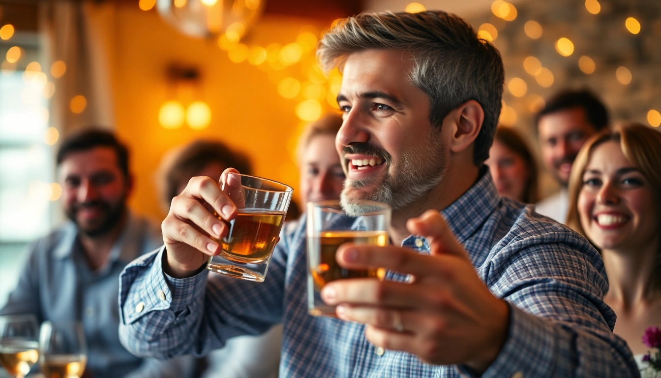 Captivating moment of giving a toast at a celebration with friends.