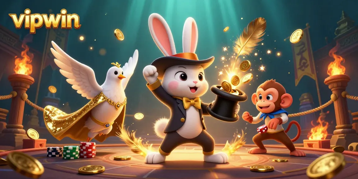 Experience thrilling gameplay at vipwin as a magician rabbit conjures coins amidst a dazzling casino scene.