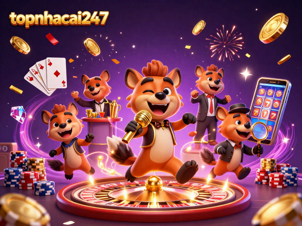 Engage in thrilling fun at topnhacai247 as hyenas entertain in a vibrant casino scene.