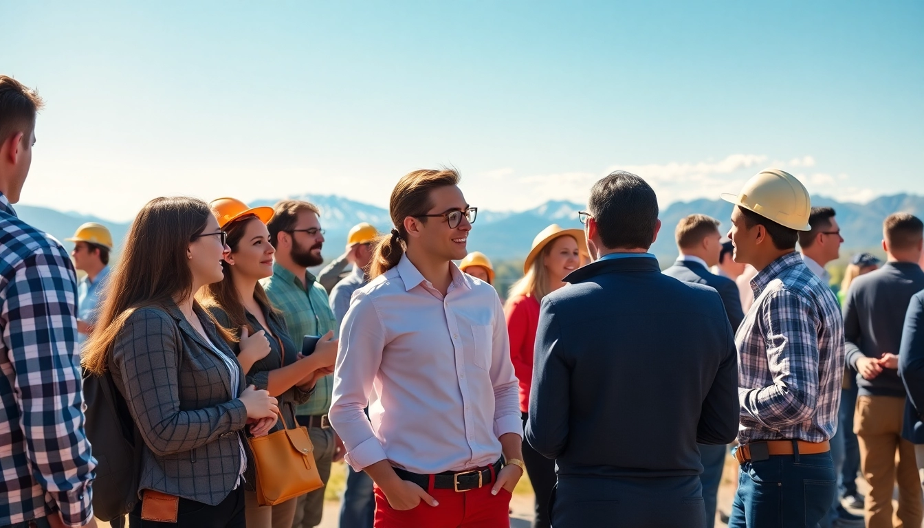 Engaged young professionals construction Colorado collaborating at an outdoor event.
