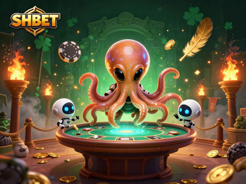 SHBET gaming with a colorful alien octopus at a holographic poker table surrounded by cosmic elements.