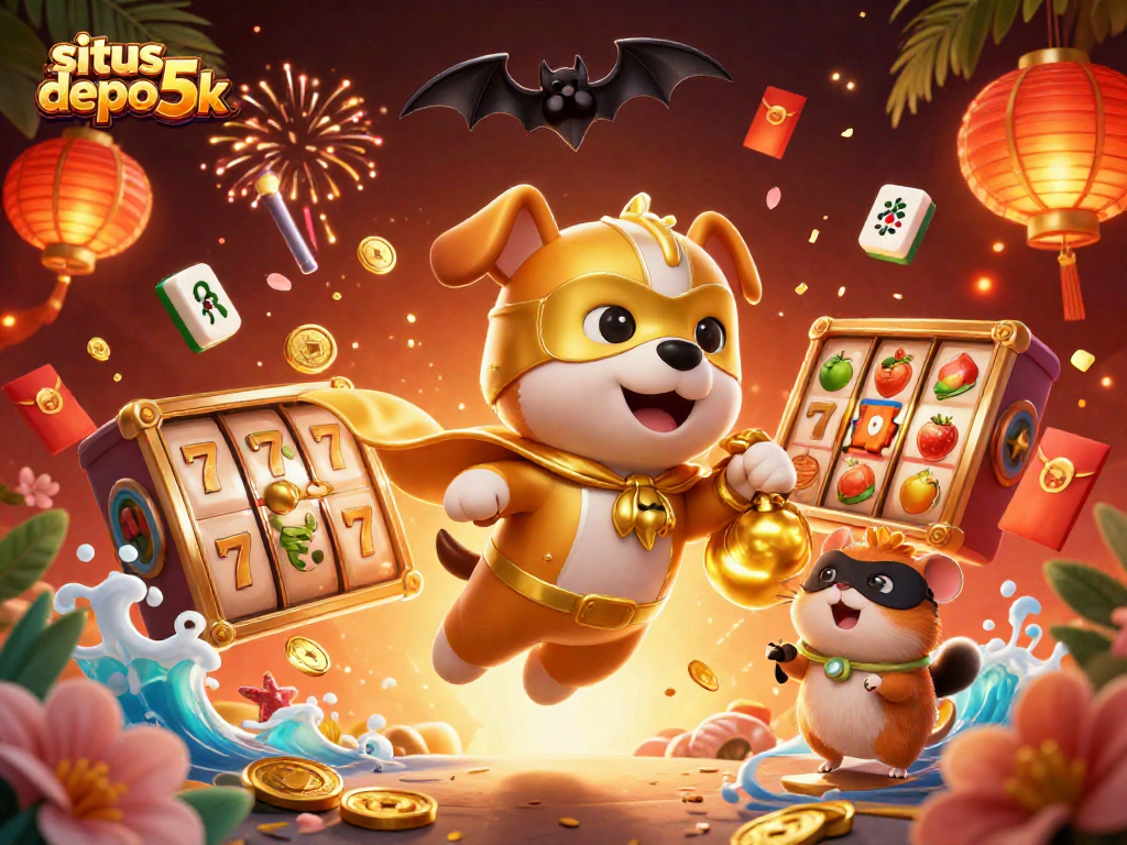 Engage with situs depo 5k in a vibrant, dynamic casino scene featuring a superhero dog and magical elements.