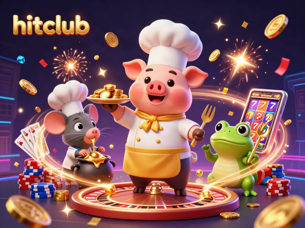 Experience excitement at hitclub with a celebration of gold coins, casino games, and dynamic characters.