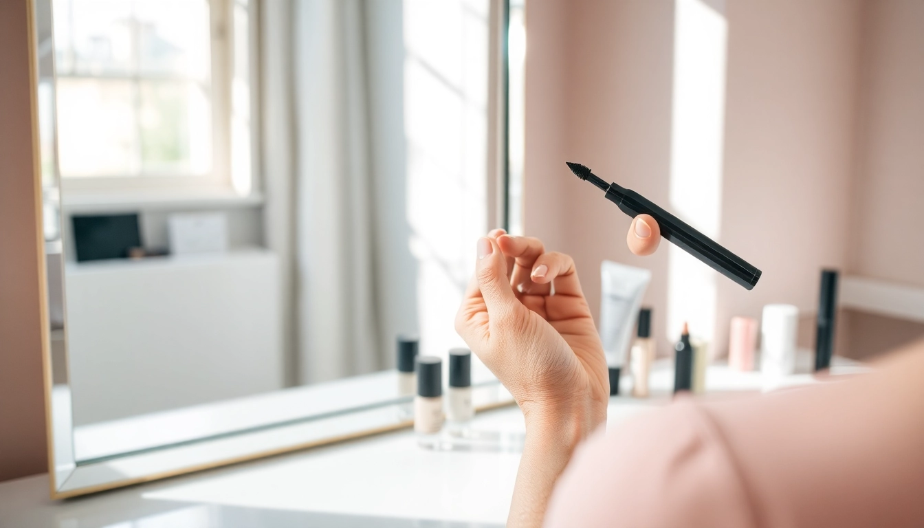 Applying brow pen with precision in a stylish vanity setting.