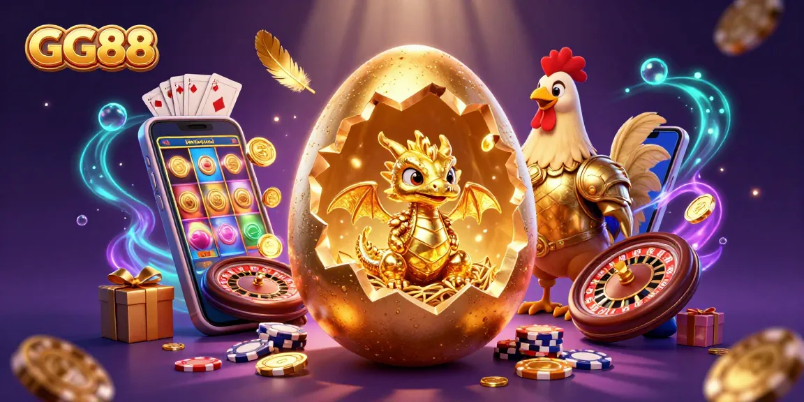 Spin and win with GG88 as the golden egg reveals a dragon amidst vibrant casino elements.