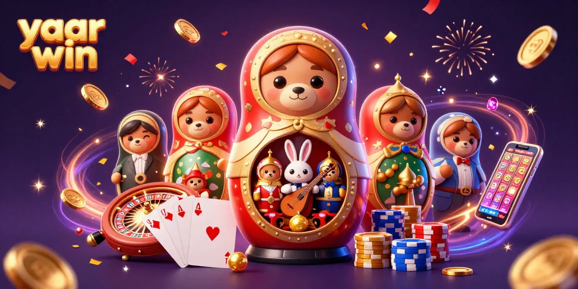 Experience thrilling wins with yaar win in this vibrant 3D casino celebration illustration featuring dynamic gambling elements.