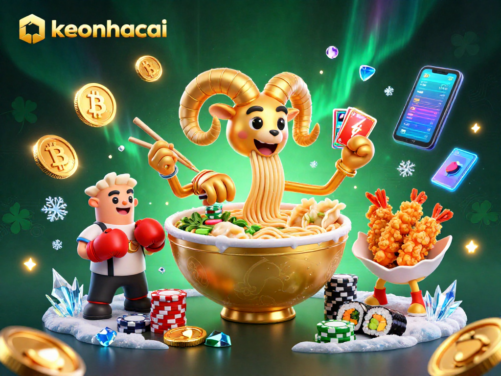 Bet on the vibrant action with keonhacai as the giant ramen bowl deals cards in a colorful casino scene.