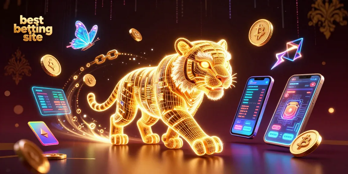 The best betting site showcases a vibrant scene of a golden tiger in a digital casino adorned with neon crypto elements.
