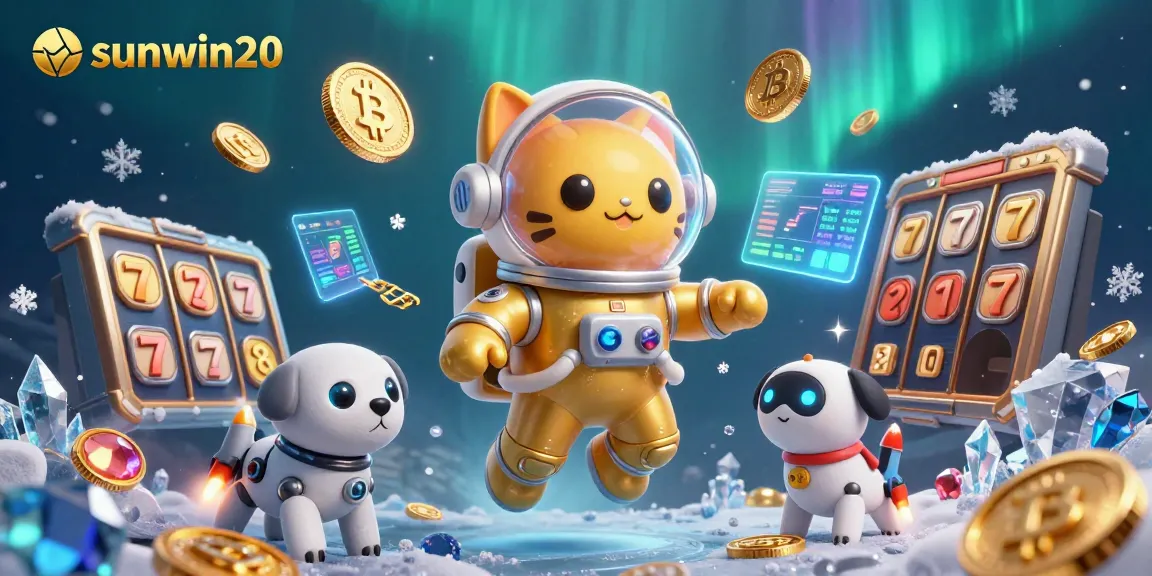 Engage with sunwin20 in this vibrant 3D casino scene featuring a golden cat astronaut, robot dog, and floating crypto elements.