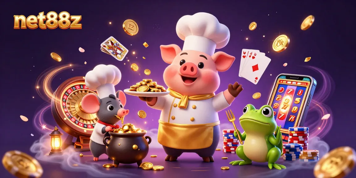 Experience the excitement of net88z as a chef pig serves golden coins amidst dazzling casino elements.
