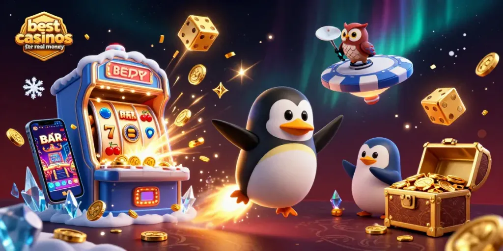 Experience the excitement of the best online casinos for real money with a dynamic penguin mascot in an elaborate casino scene.