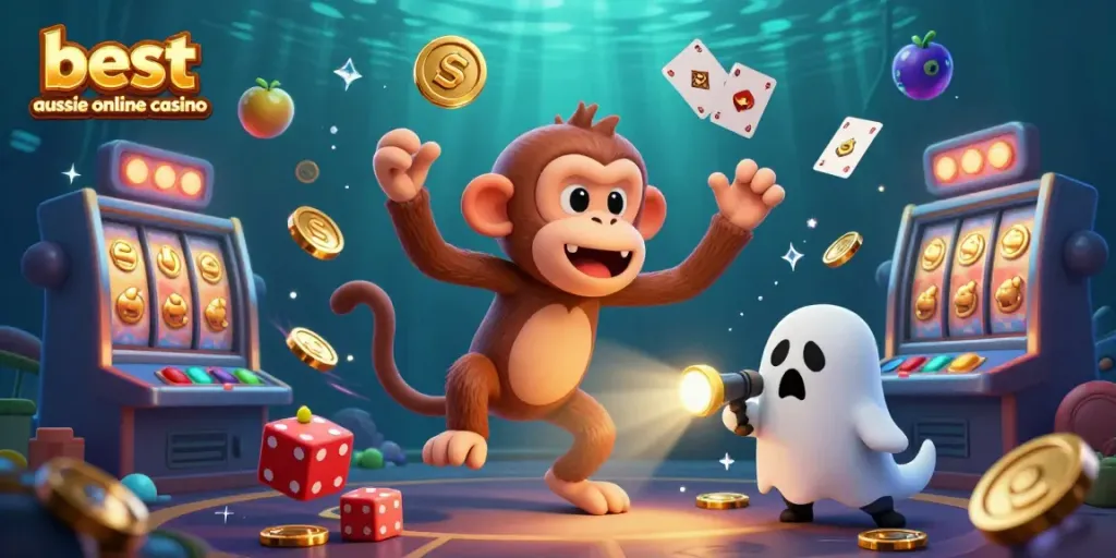 Engaging scene showcasing the best aussie online casino with a playful monkey and puppy, animated with casino elements.