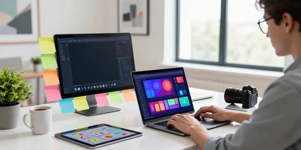 Dynamic workspace showcasing generative AI for content creation with vibrant displays and creativity.