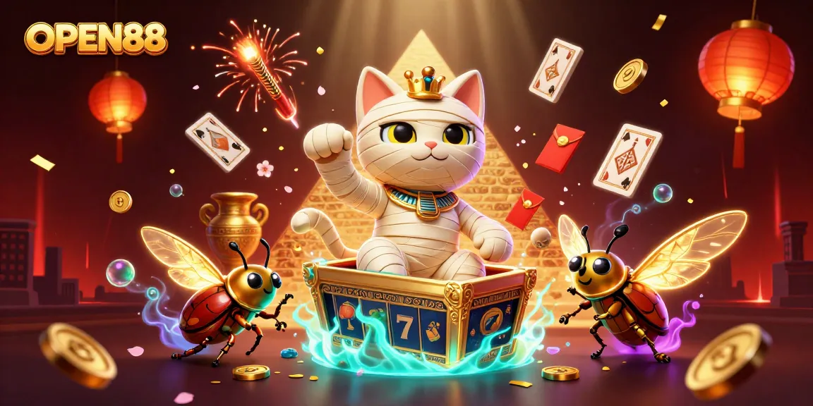 Experience exciting wins with OPEN88 as an Egyptian mummy cat bursts from a pyramid casino.
