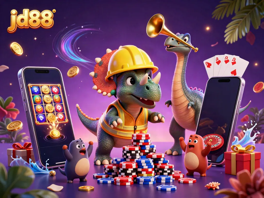 Engage in thrilling JD88 gaming with a triceratops building poker chips amid cheering companions.