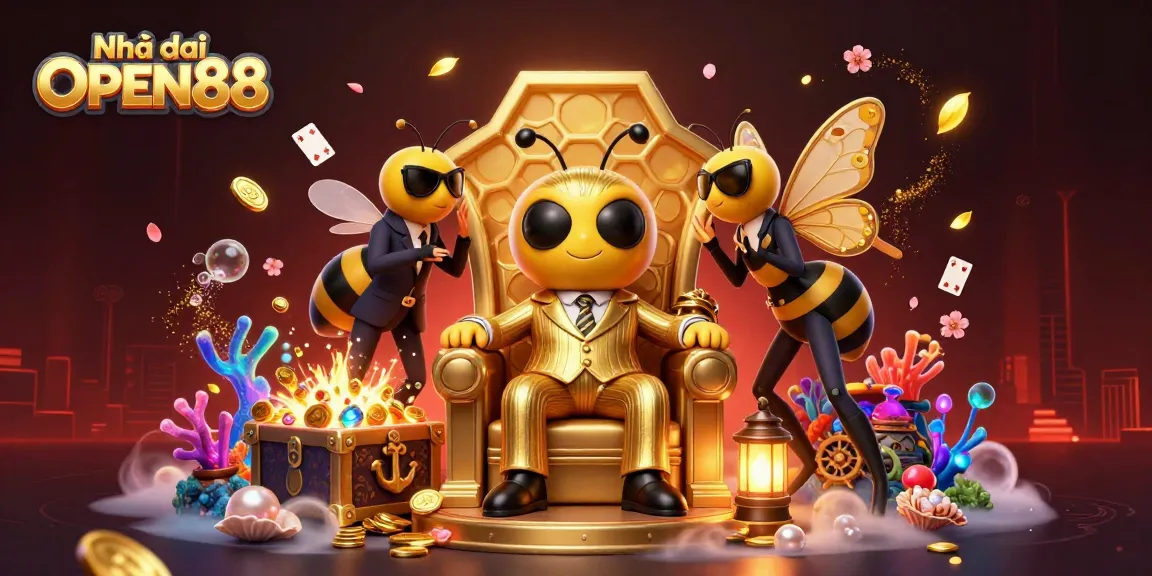 Engage with dynamic gaming at Nhà cái OPEN88 amidst treasure chests and fluttering playing cards.