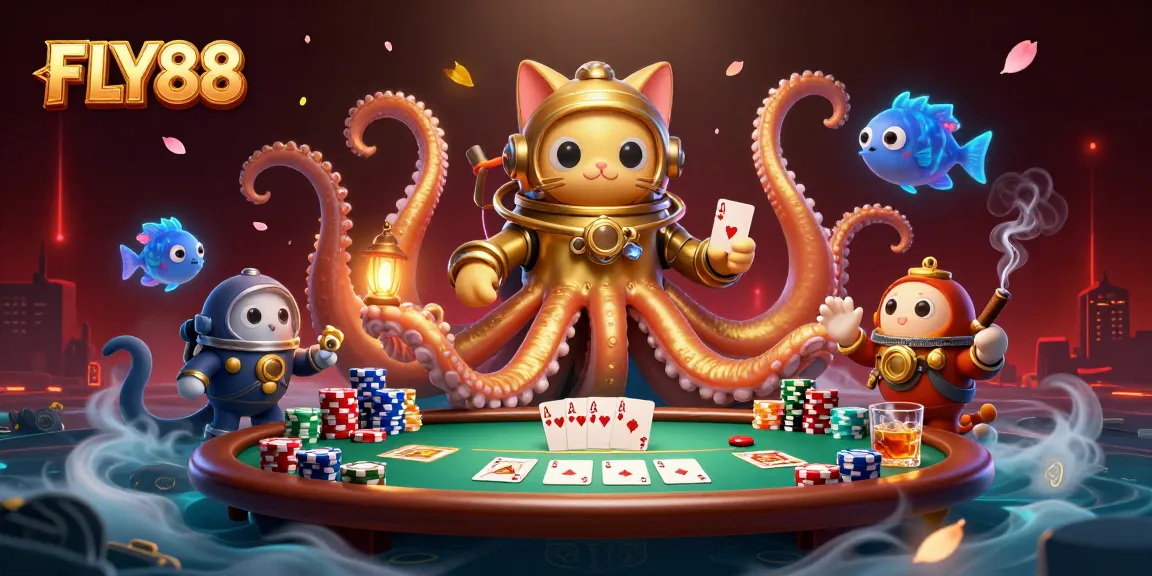 Win big at FLY88 with an engaging scene featuring a kraken, diving cat, and poker elements.