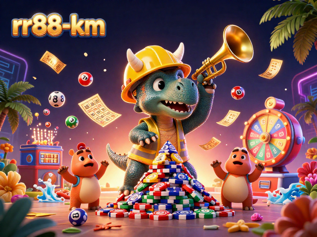 rr88-km showcases a vibrant gaming scene with triceratops building poker chips amidst colorful lottery elements and money effects.