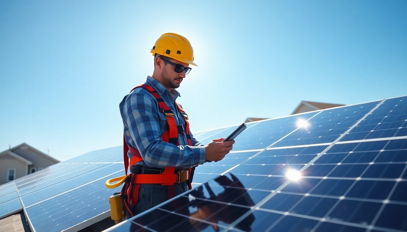 Technician servicing panels from solar repair company New Jersey with vibrant residential backdrop.