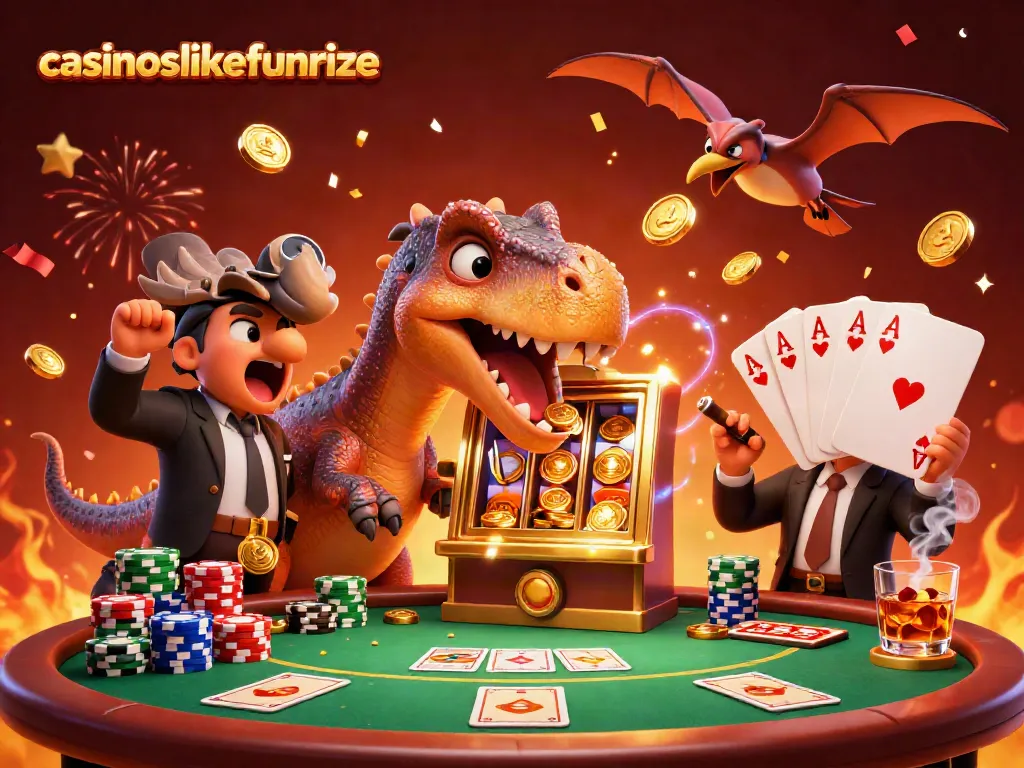 Experience jackpots at casinoslikefunrize with a dynamic scene of a dinosaur winning coins and chaos in a casino